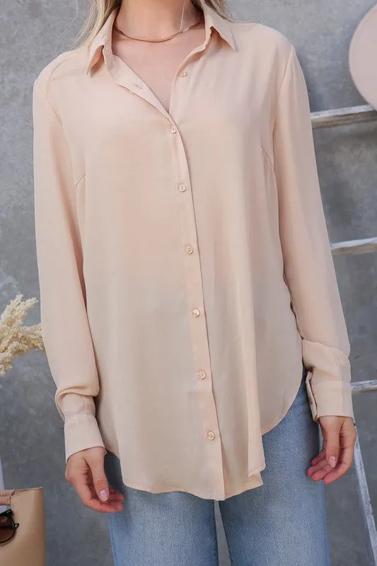 Allisa Oversized Long Sleeve Button Down Chiffon Blouse