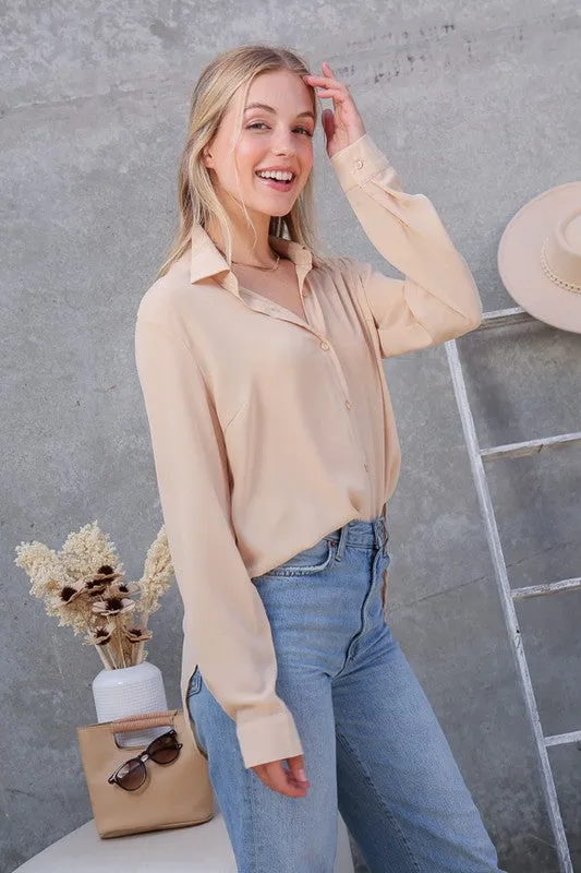 Allisa Oversized Long Sleeve Button Down Chiffon Blouse