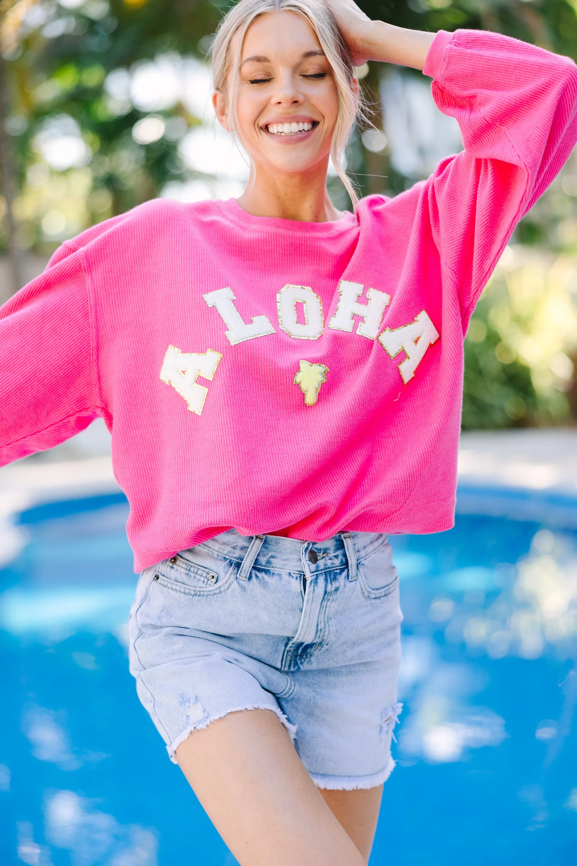 Aloha Fuchsia Pink Varsity Corded Sweatshirt