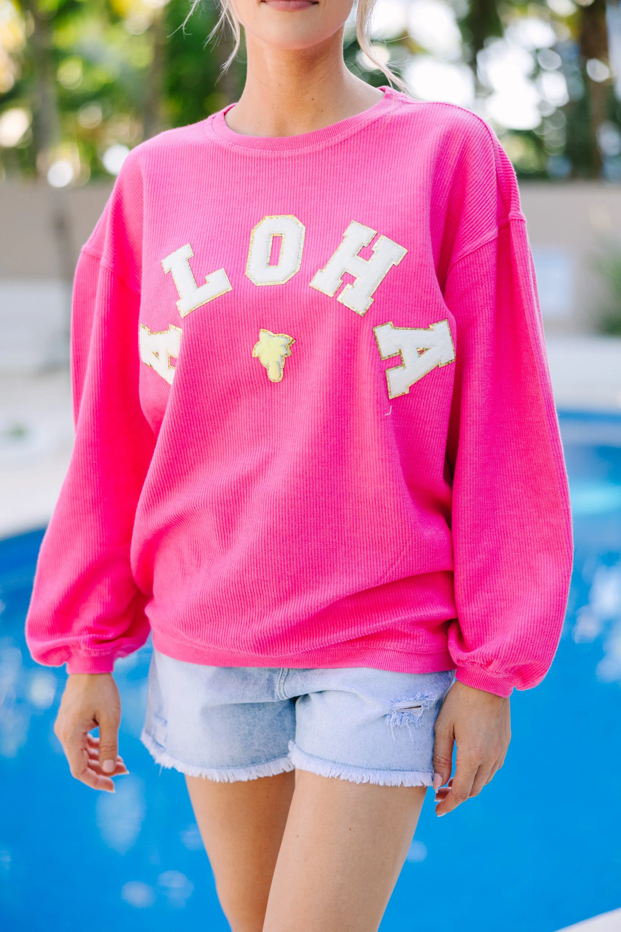 Aloha Fuchsia Pink Varsity Corded Sweatshirt