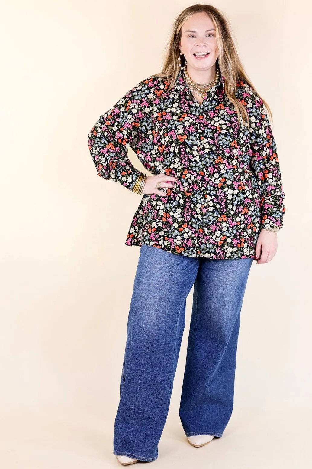 Autumn Bloom Floral Print Long Sleeve Button Up Top in Black