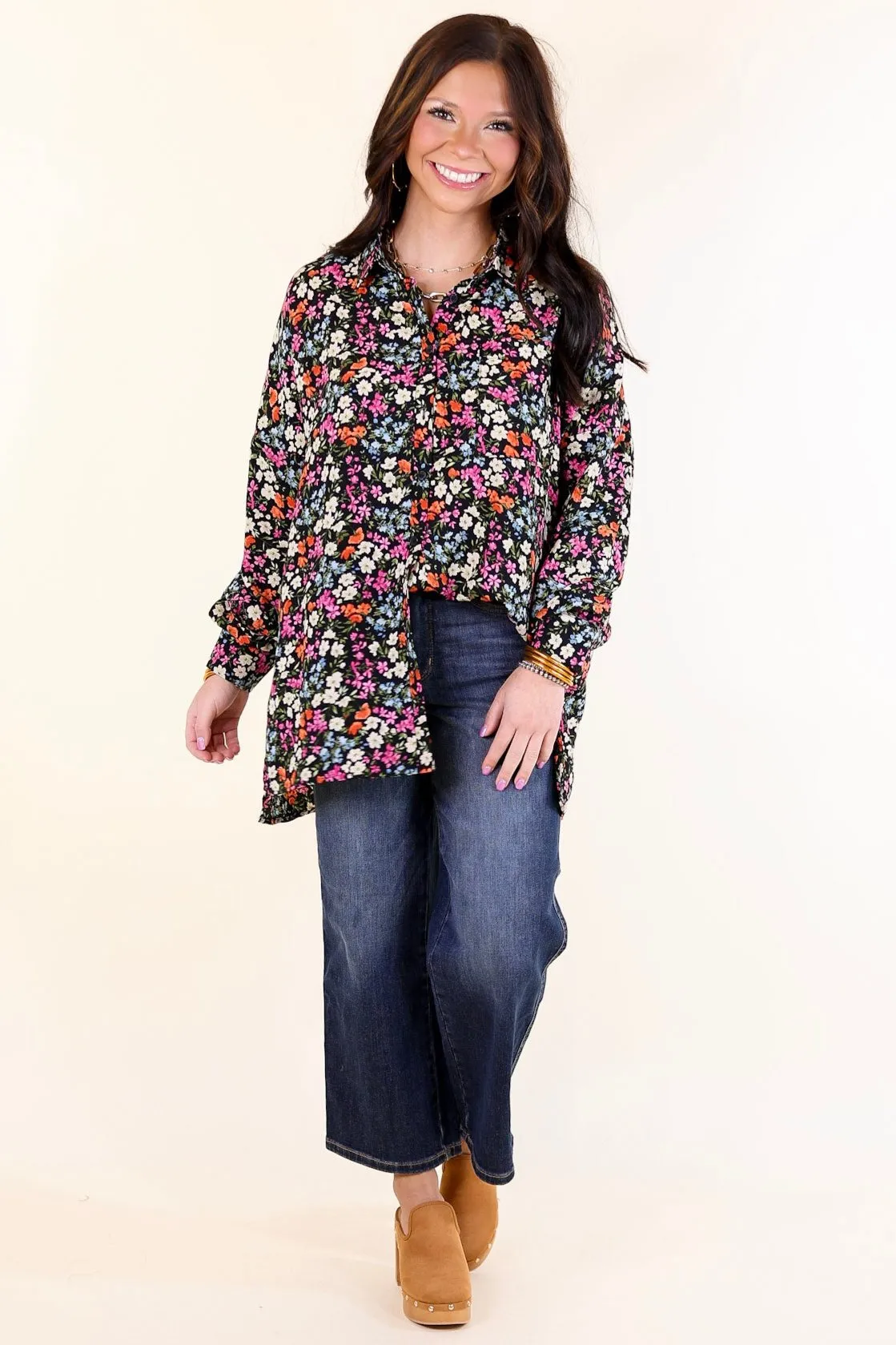 Autumn Bloom Floral Print Long Sleeve Button Up Top in Black