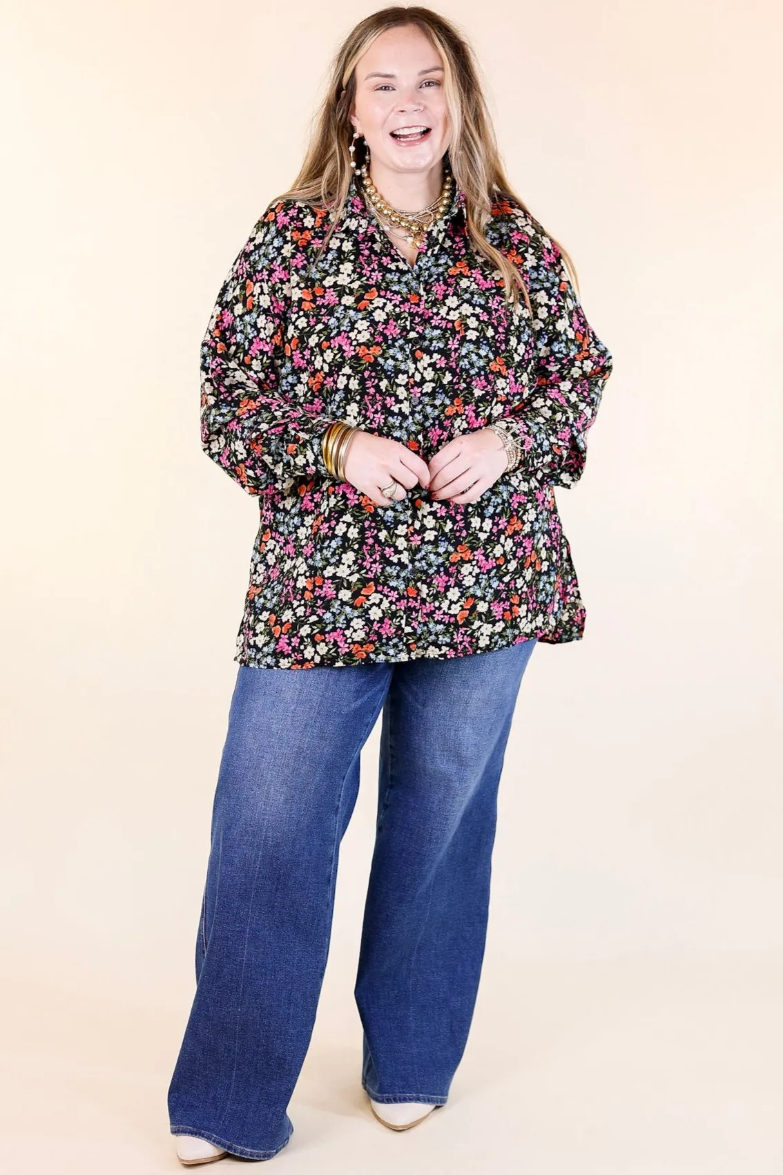 Autumn Bloom Floral Print Long Sleeve Button Up Top in Black