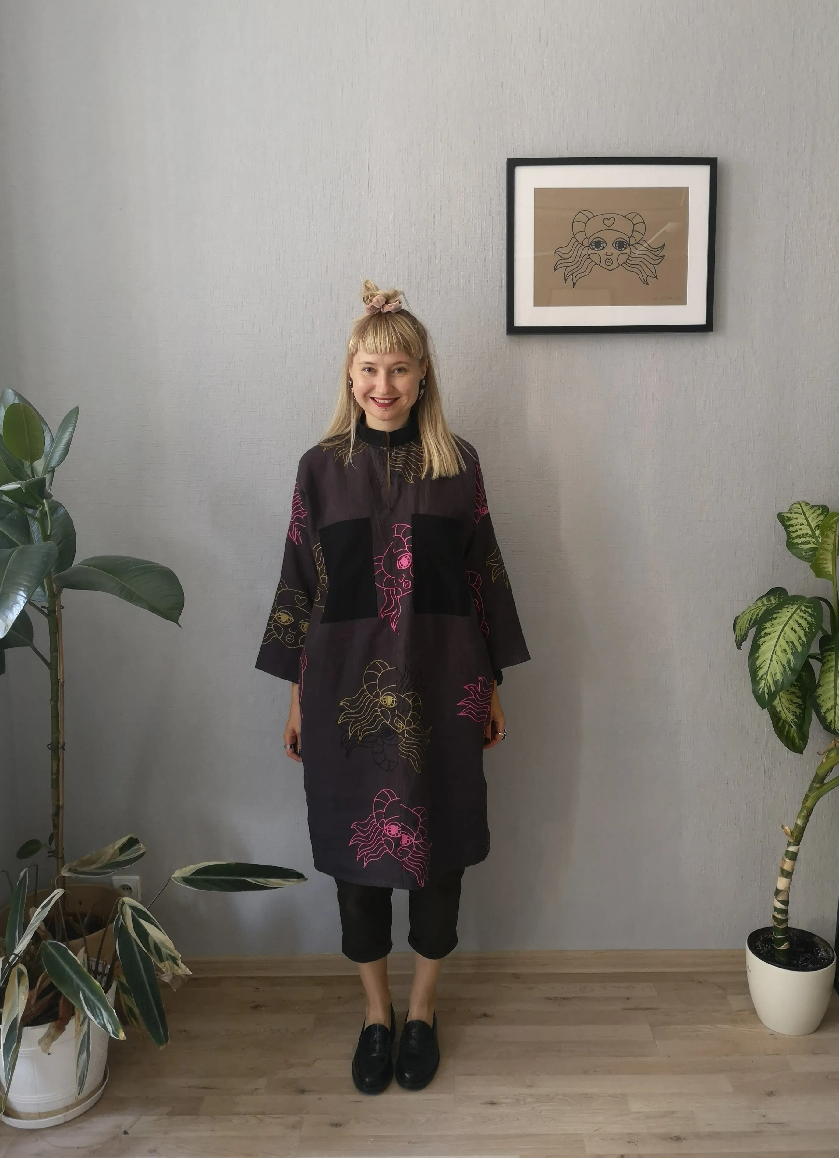 Beautiful, Comfortable, Versatile Oversized Shirt Dress "Bell Hooks" made in Aubragine Color Lāčplēsene patterned Linen fabric. 