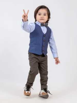 Blue Herringbone Patterned Suit Vest With Bow