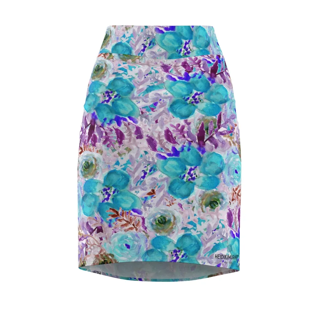 Blue Purple Floral Women's Skirt, Best Flower Print Girlie Best Designer Pencil Skirt-Made in USA