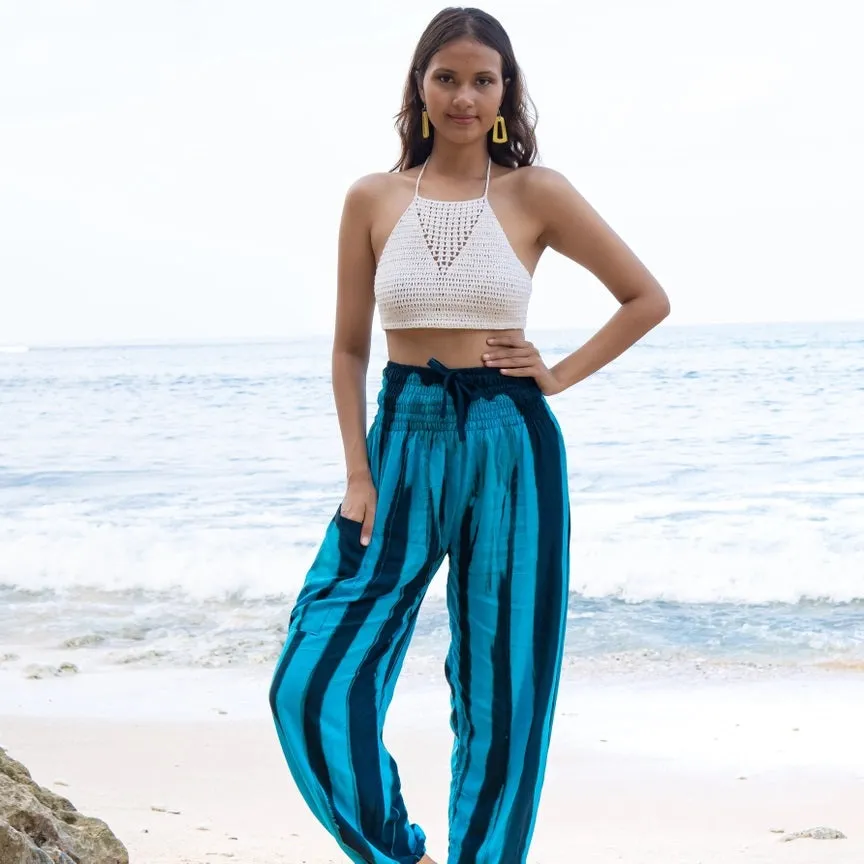 Bold Abstract Tie Dye Bali Pant In Teal & Black, Indonesia