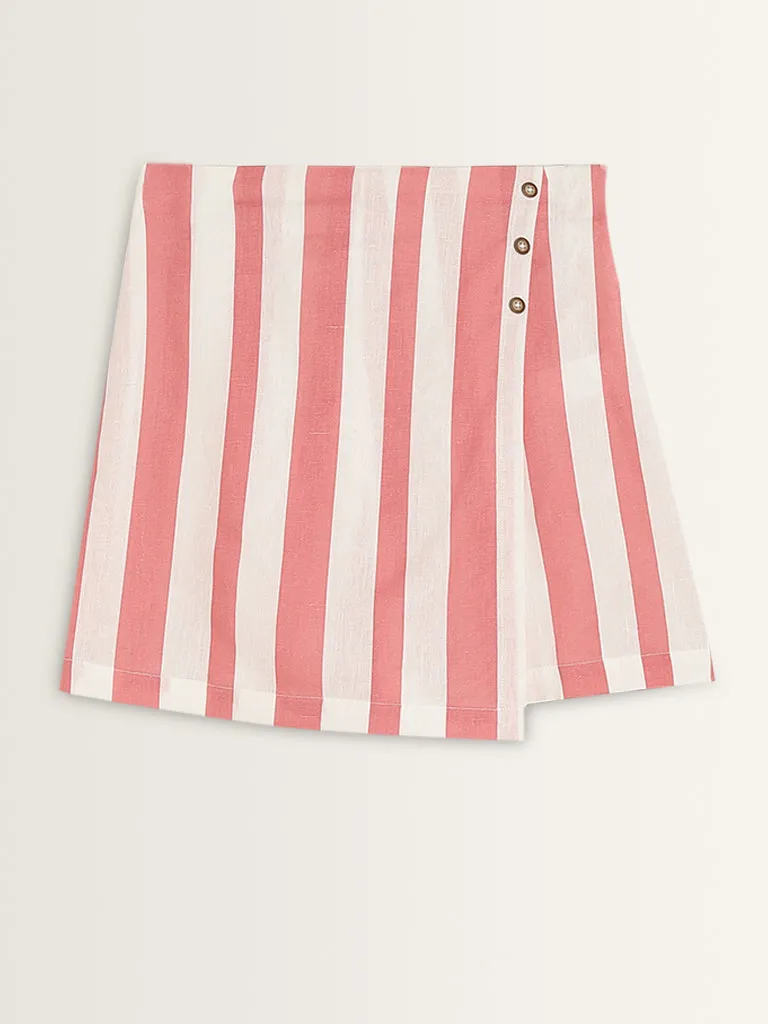 Bombay Paisley Coral Stripe Printed High-Rise Cotton Skort