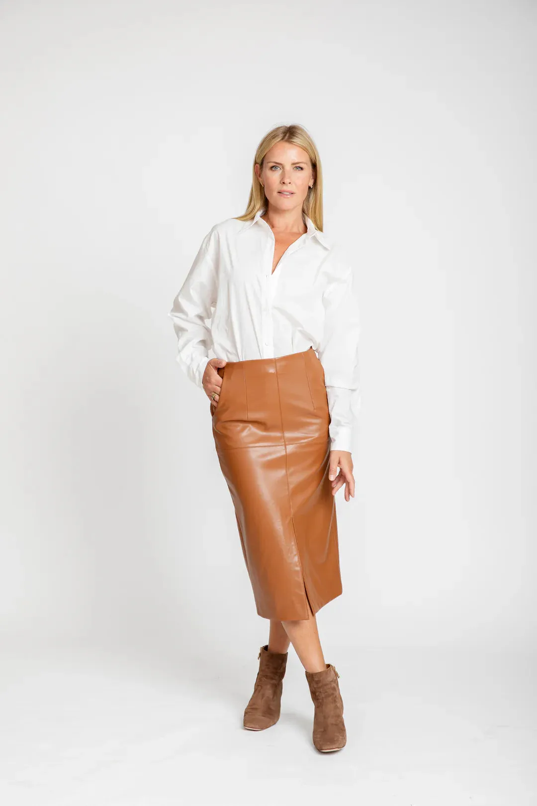 Burgess Leather Pencil Midi Skirt - Carmel