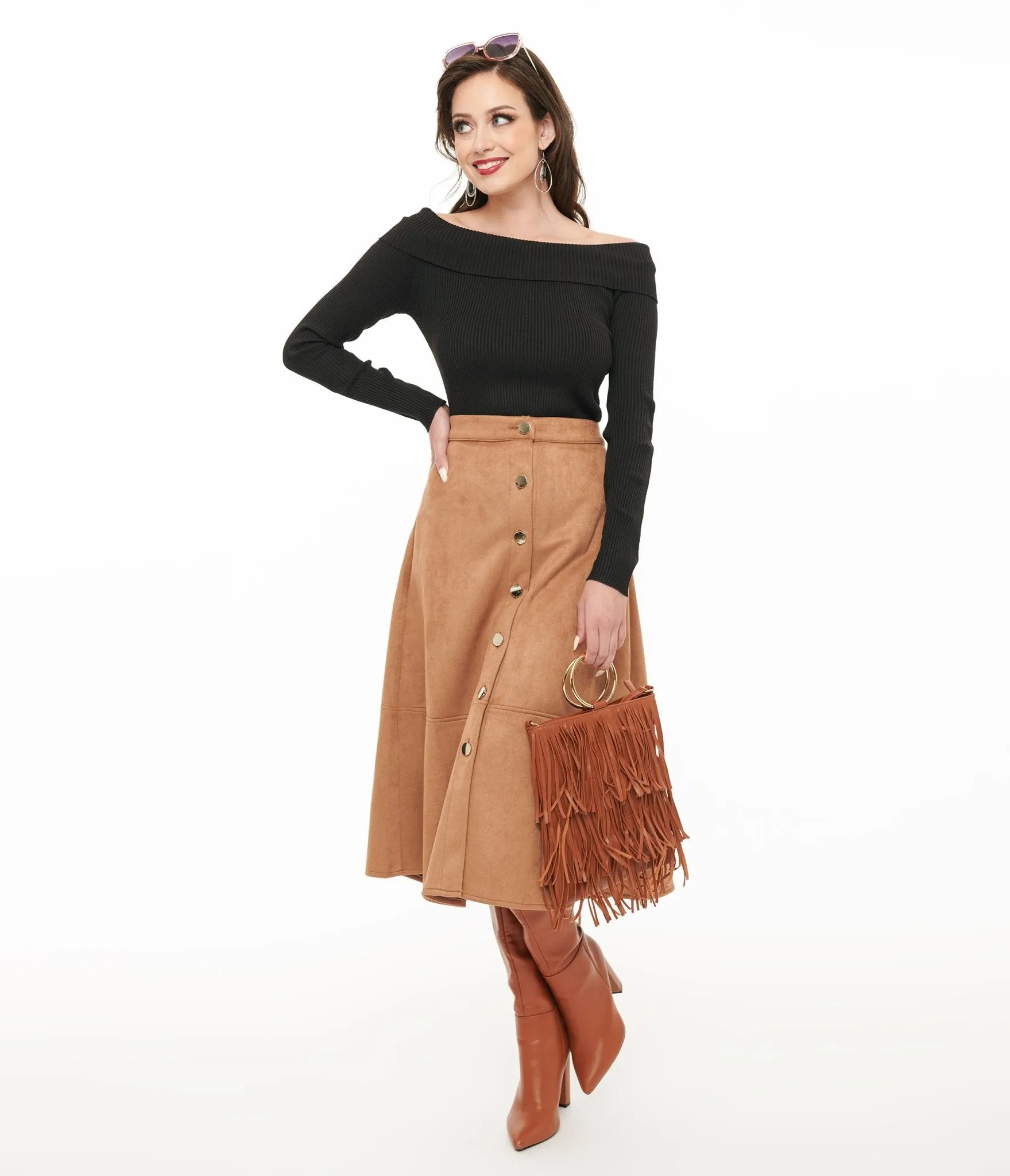 Camel Suede Button Up Midi Skirt