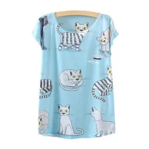 Cat Family Pattern Printed Short Sleeve Tees