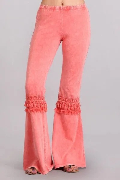 Chatoyant Mineral Wash Bell Bottom Soft Pants with Knee Tassel