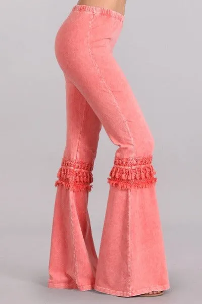 Chatoyant Mineral Wash Bell Bottom Soft Pants with Knee Tassel