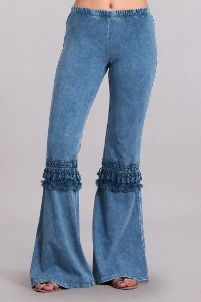 Chatoyant Mineral Wash Bell Bottom Soft Pants with Knee Tassel