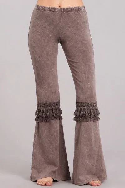 Chatoyant Mineral Wash Bell Bottom Soft Pants with Knee Tassel