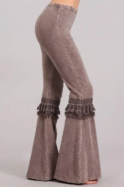 Chatoyant Mineral Wash Bell Bottom Soft Pants with Knee Tassel