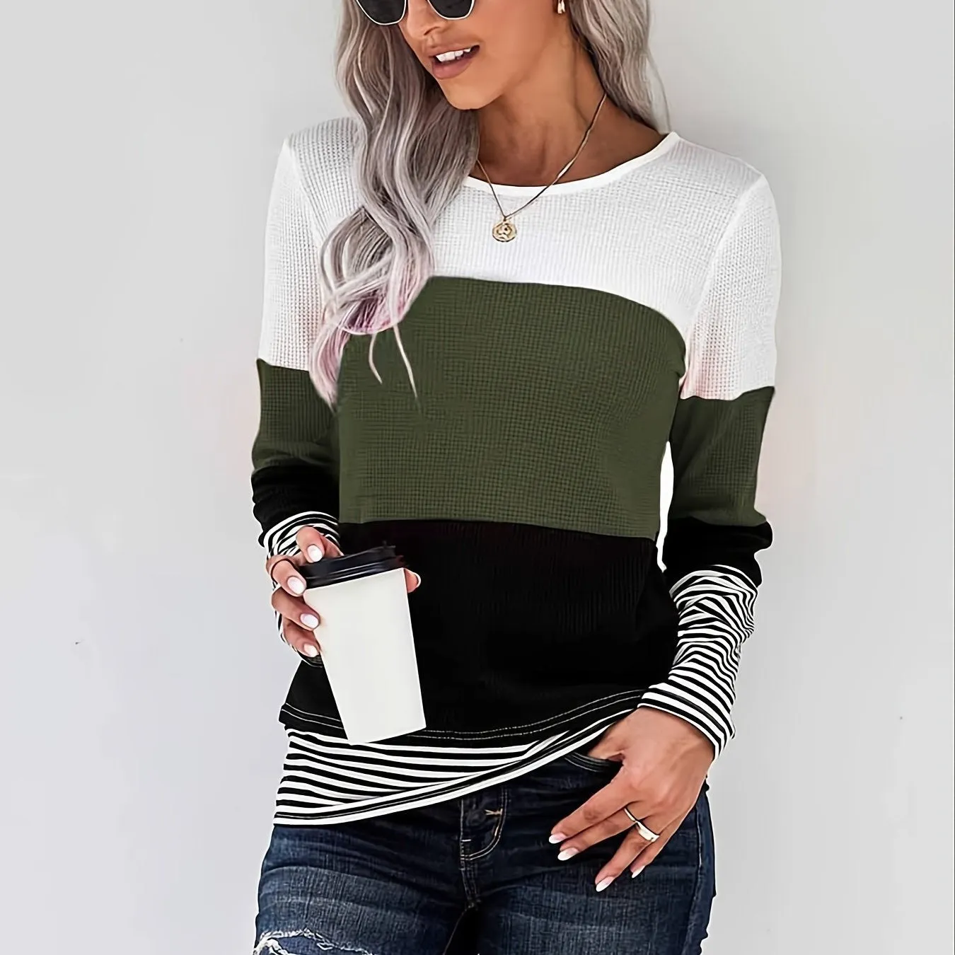 Color Block Sweatshirts Round Neck Pullover Casual Long Sleeve Comfy Casual Top