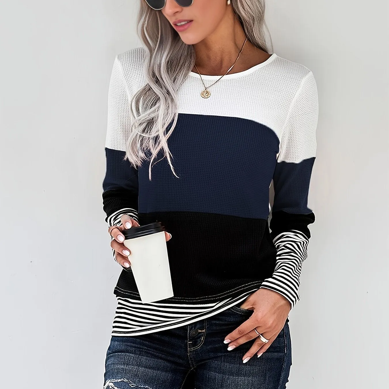 Color Block Sweatshirts Round Neck Pullover Casual Long Sleeve Comfy Casual Top