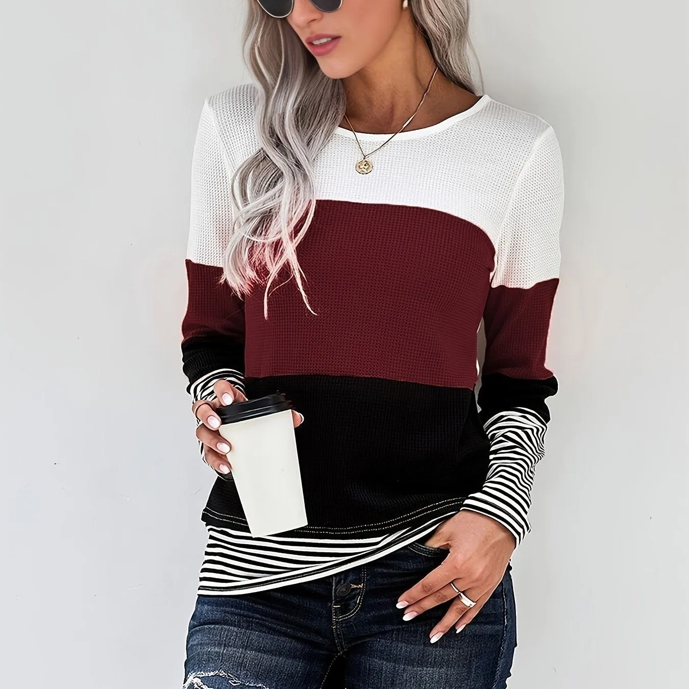 Color Block Sweatshirts Round Neck Pullover Casual Long Sleeve Comfy Casual Top