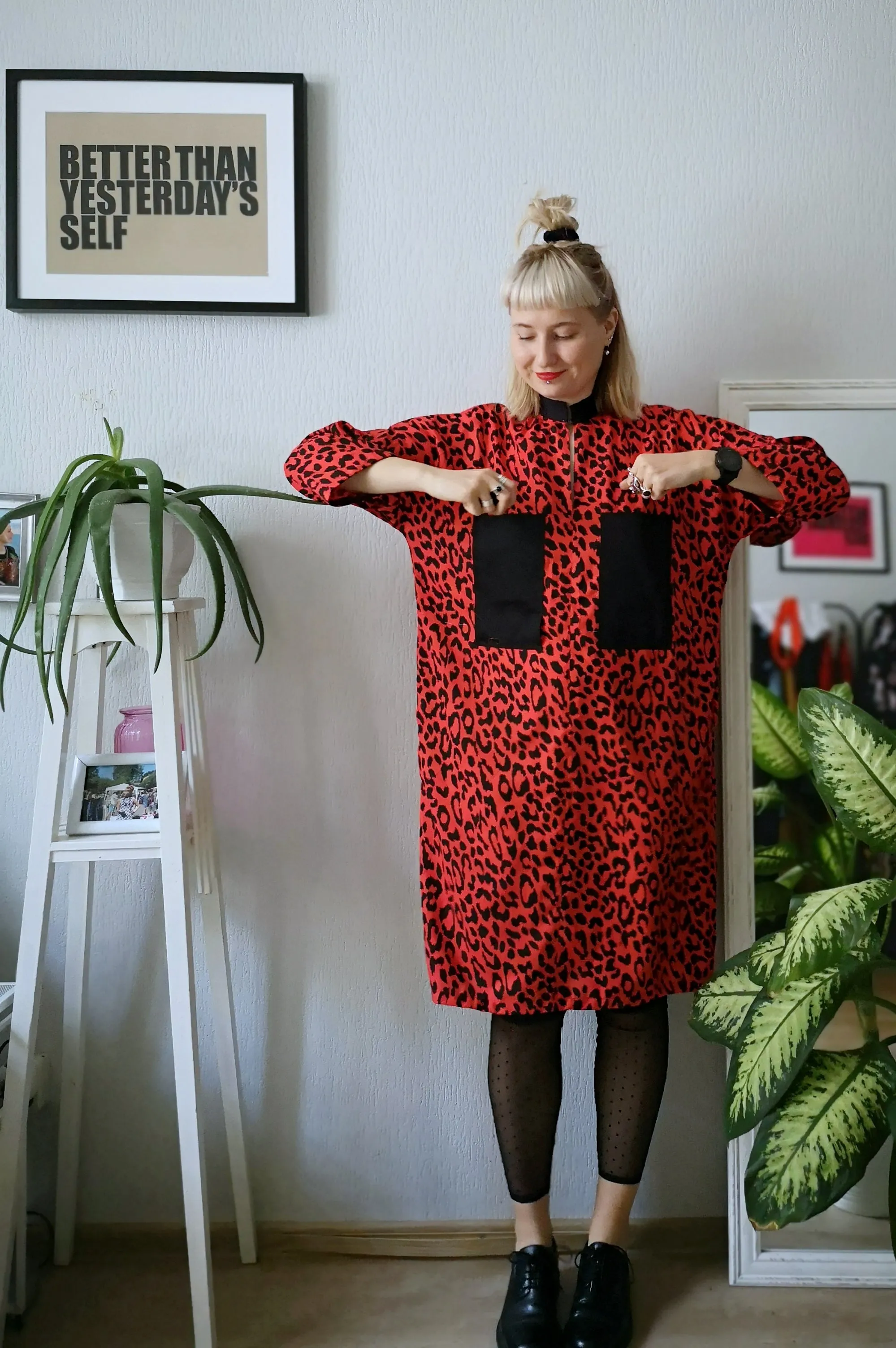 Cool, Fun, Strong and Versetile Oversized Shirt Dress in Red Animal Print Cotton Fabric.