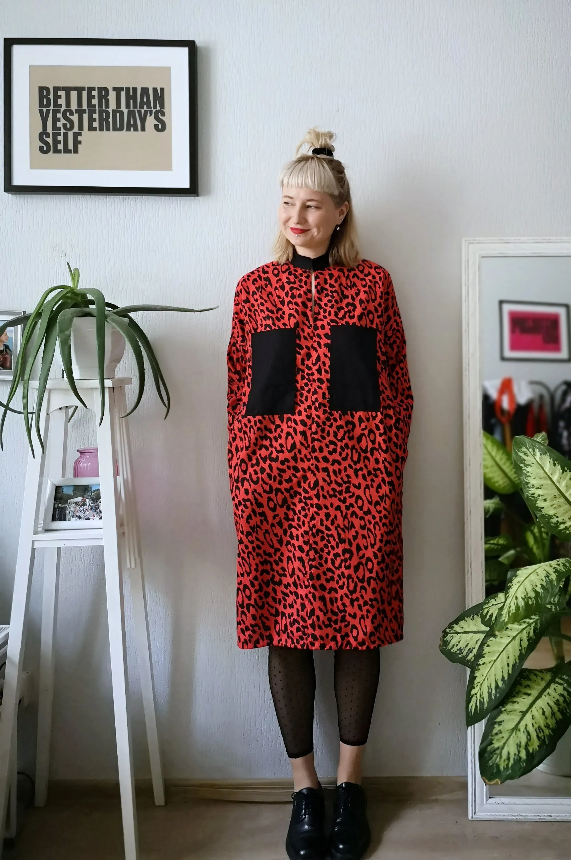 Cool, Fun, Strong and Versetile Oversized Shirt Dress in Red Animal Print Cotton Fabric.