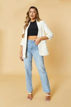 Cream Ruched Sleeves Longline Blazer - Emica