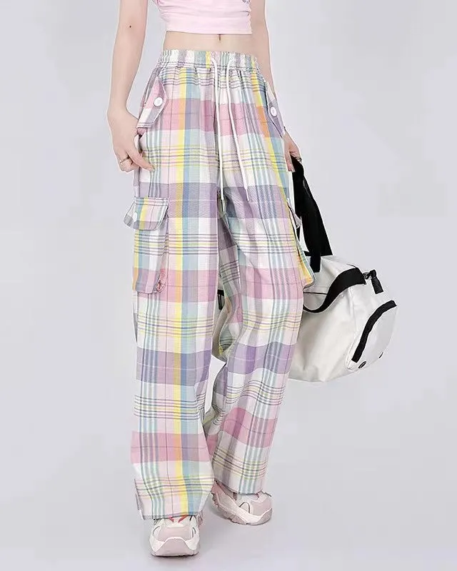 Fashionkova Soft Girl Plaid Cargo Pants