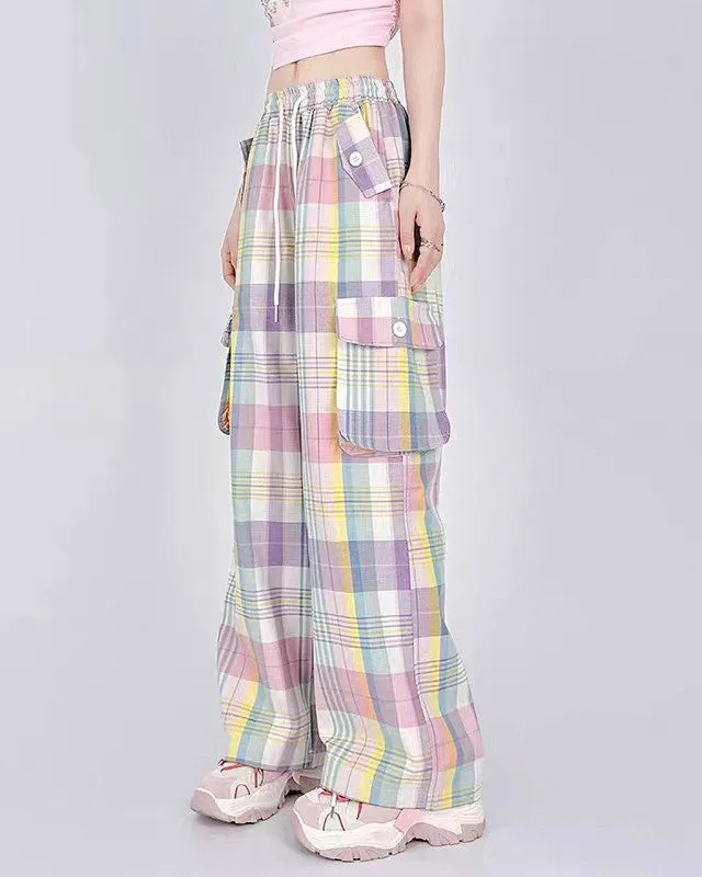 Fashionkova Soft Girl Plaid Cargo Pants