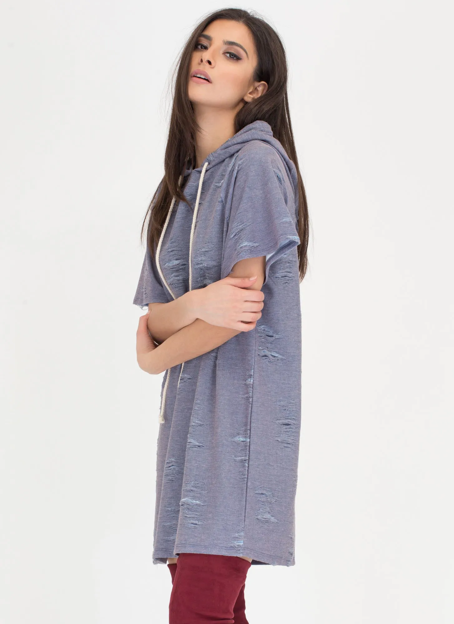 Hood Side Distressed Sweatshirt Dress