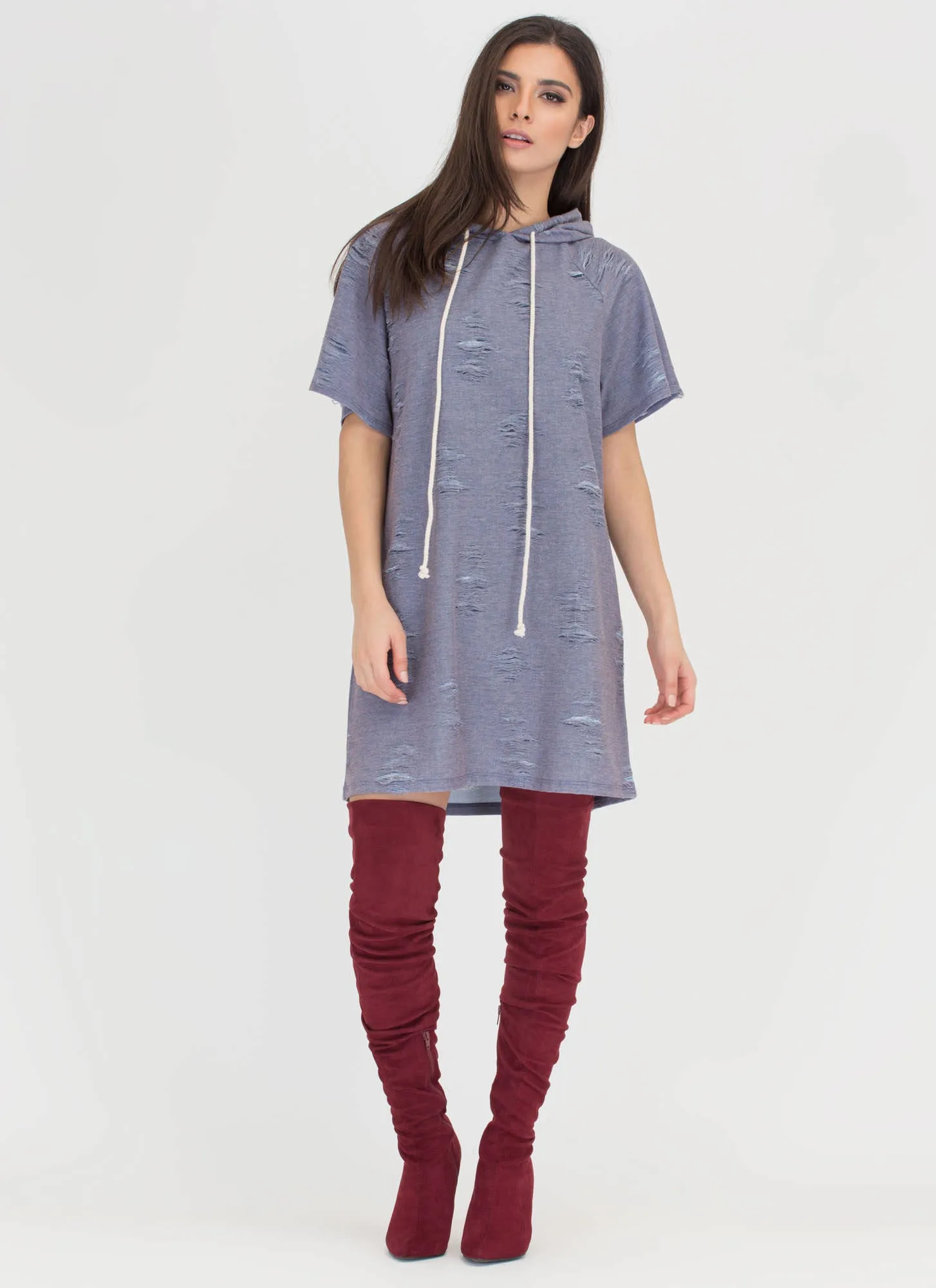 Hood Side Distressed Sweatshirt Dress