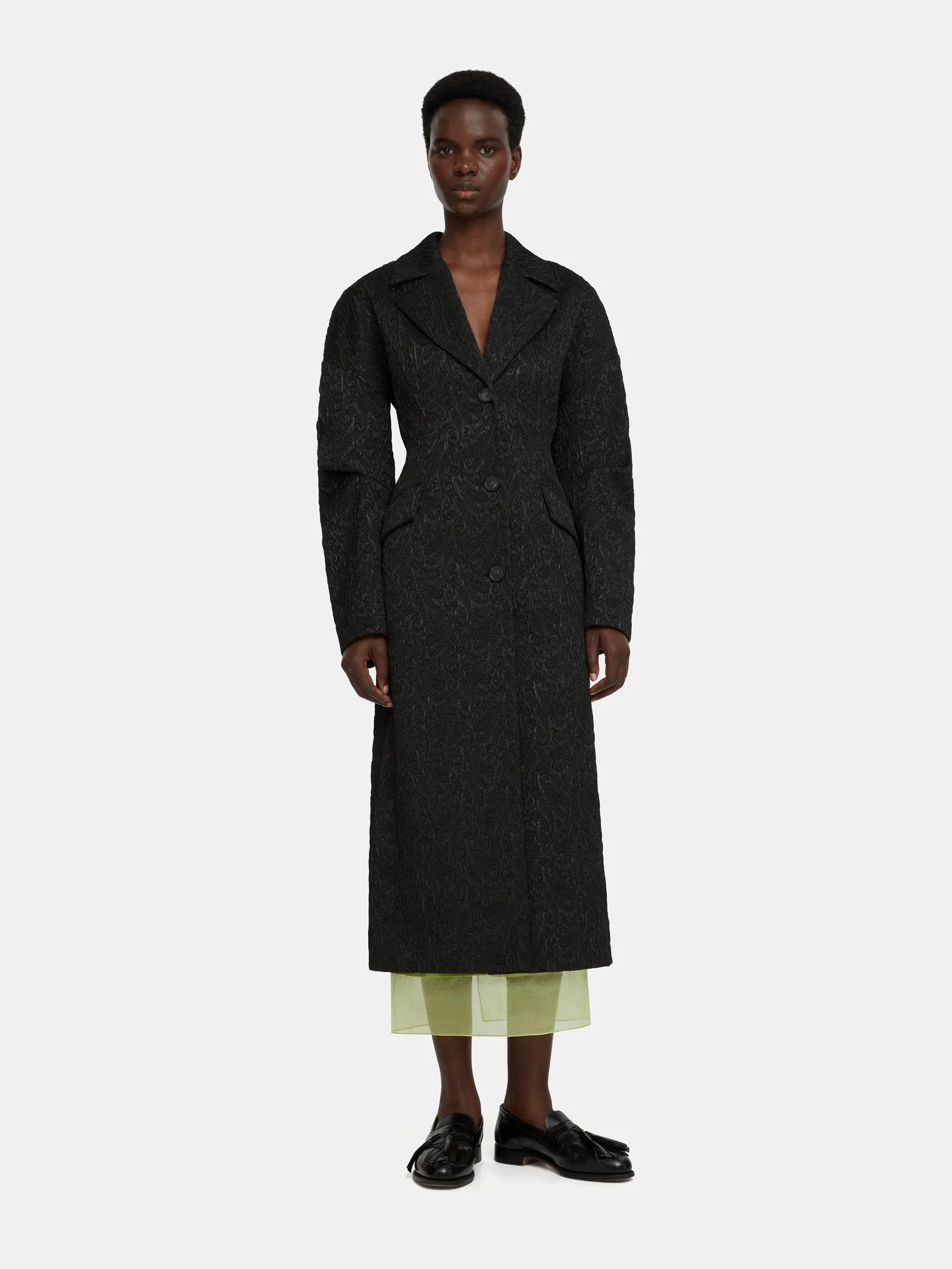 Jaya tailored coat in black seersucker cloque