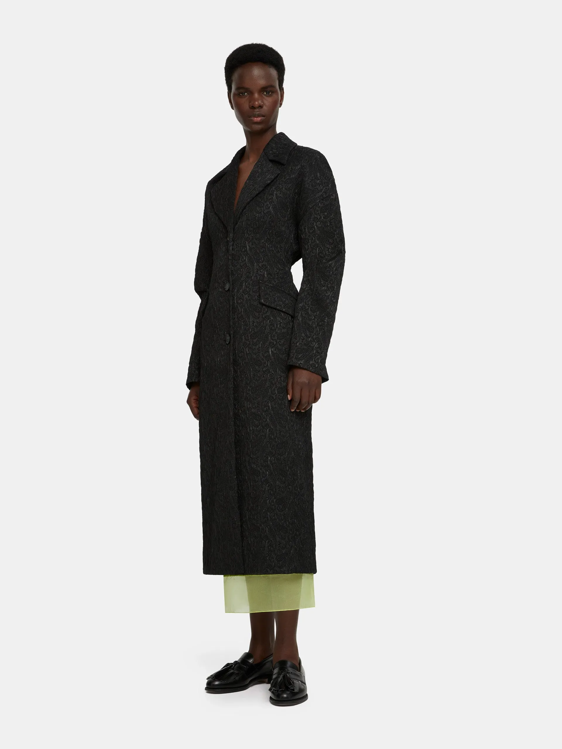 Jaya tailored coat in black seersucker cloque