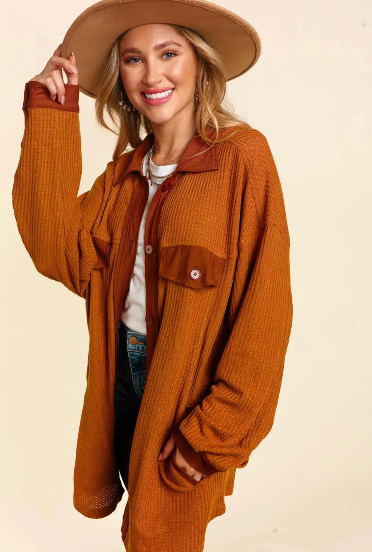 Khloe Waffle Knit Shacket Rust