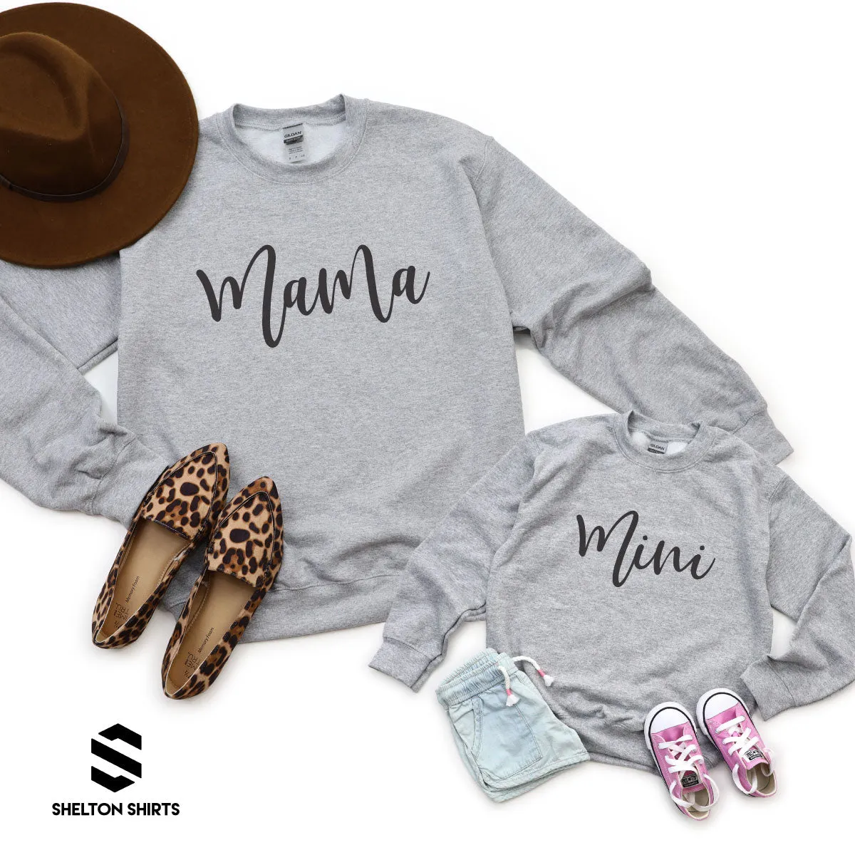 Mama and Mini Script Font Super Comfy Crew Neck Heather Grey Sweatshirts