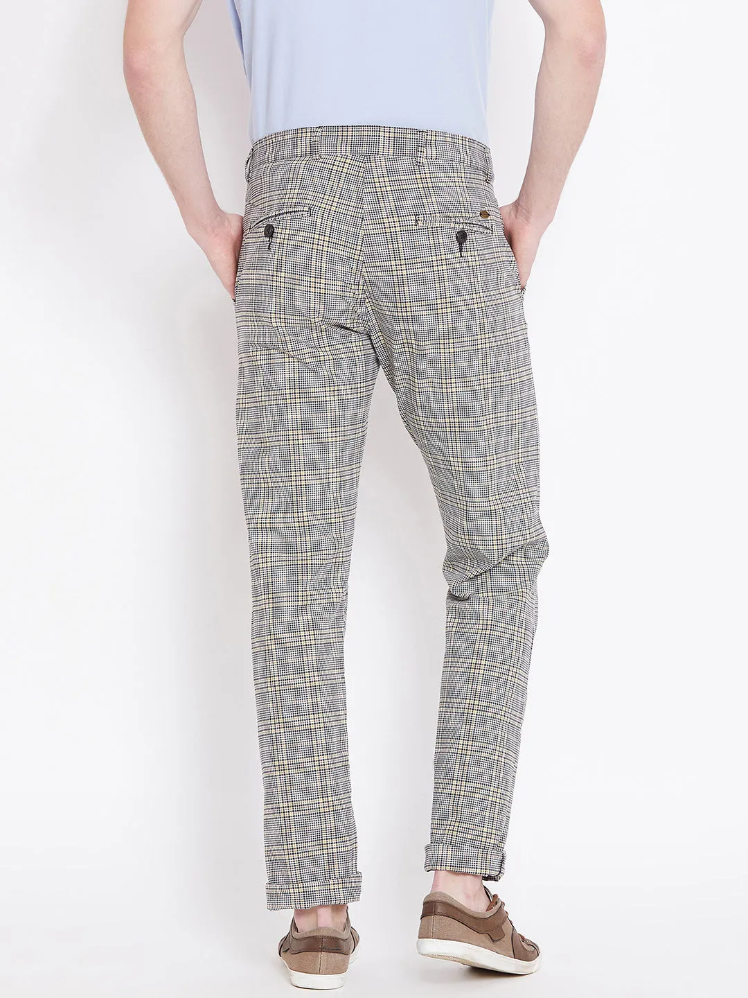 Men Grey Checked Casual Regular Fit Trousers