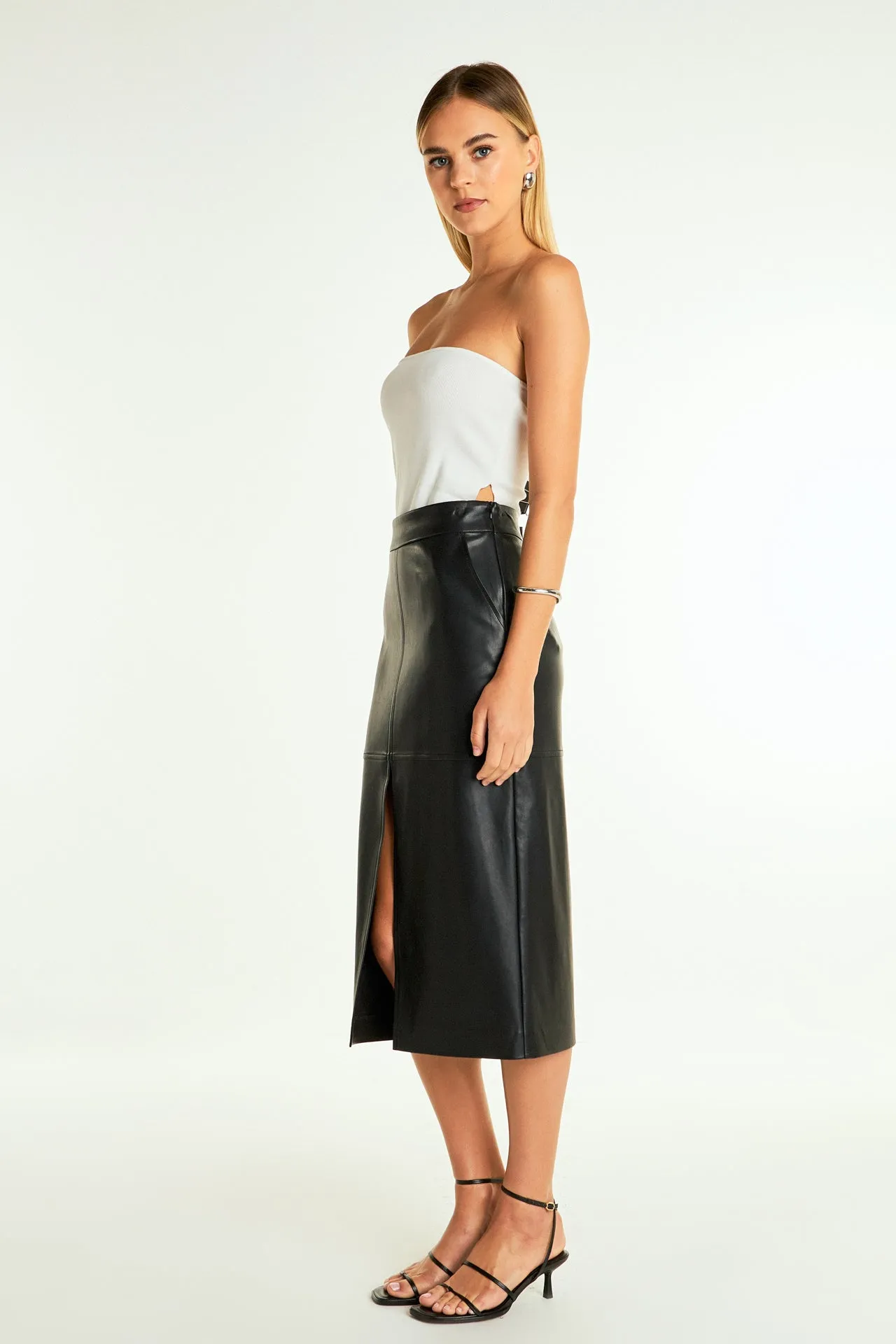 Pu Front Slit Midi Skirt