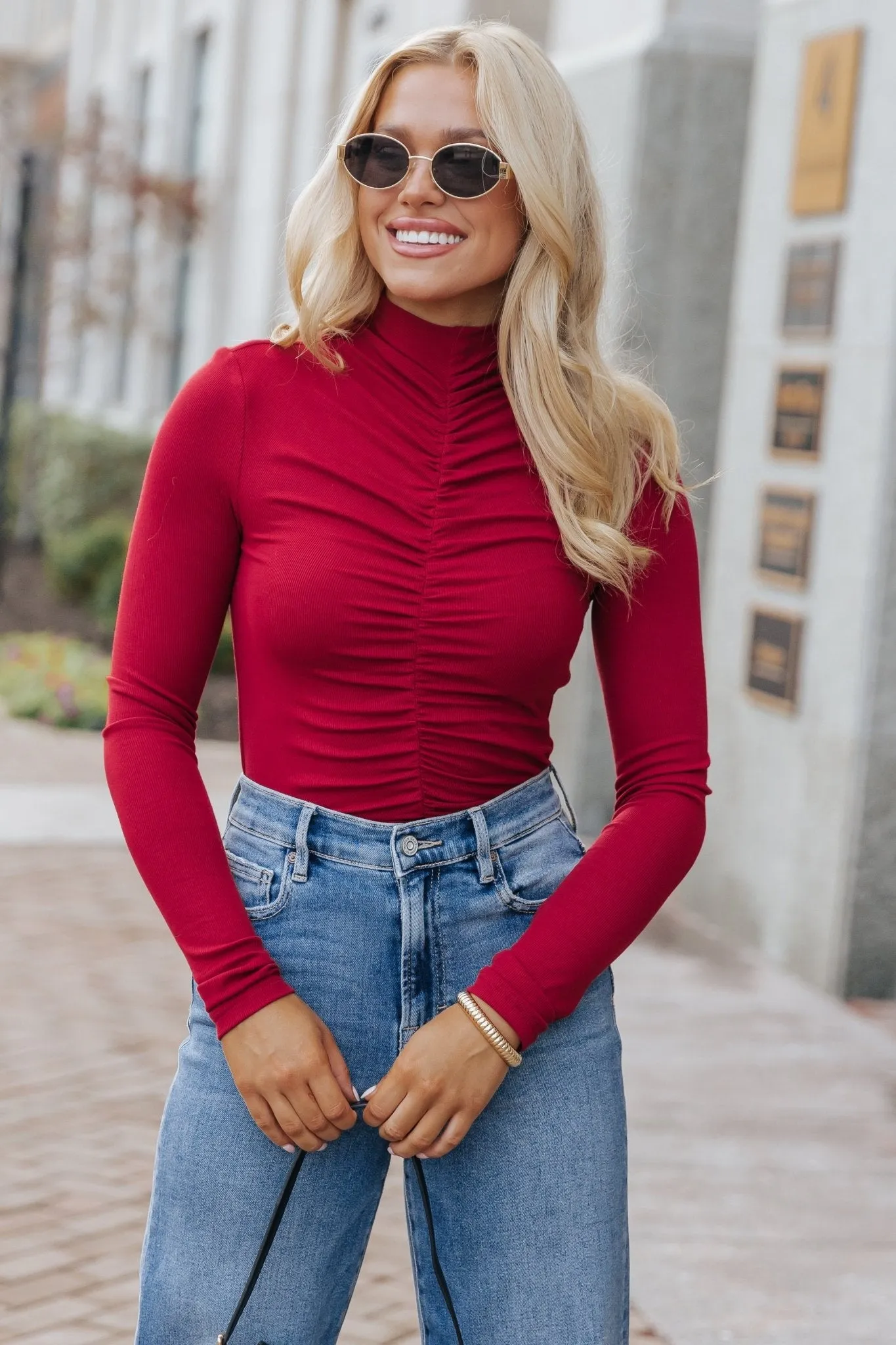 Red Cinched Mock Neck Top - FINAL SALE