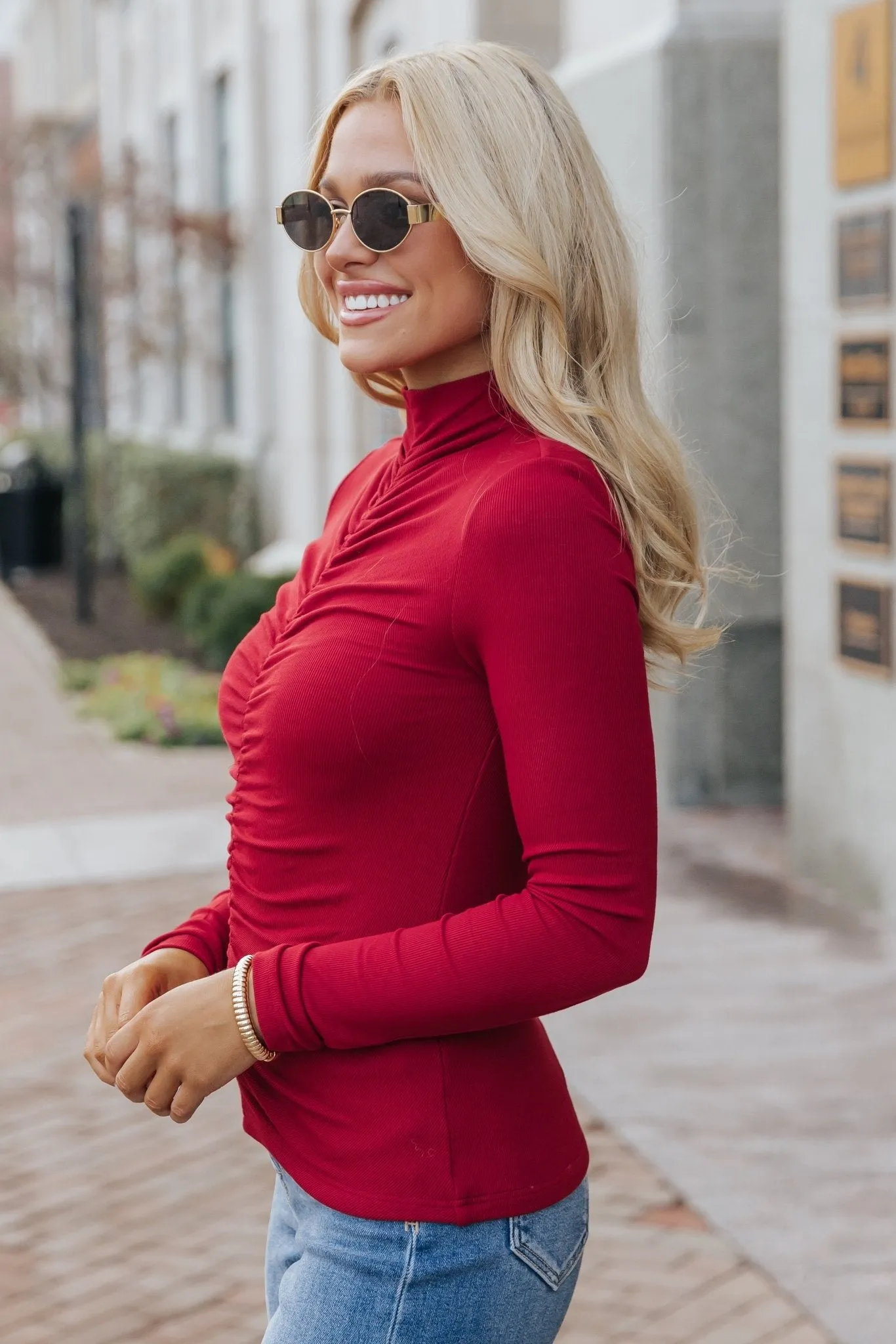 Red Cinched Mock Neck Top - FINAL SALE