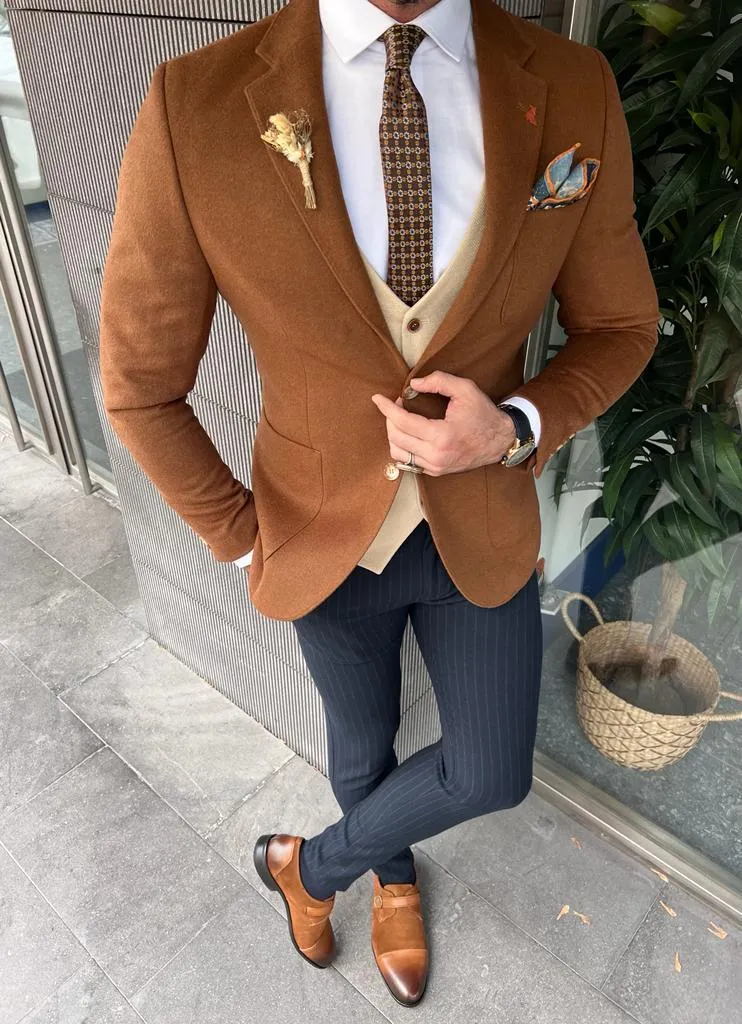 Rick Slim Fit Baroncelli Italian Fabric Stamped Camel Blazer