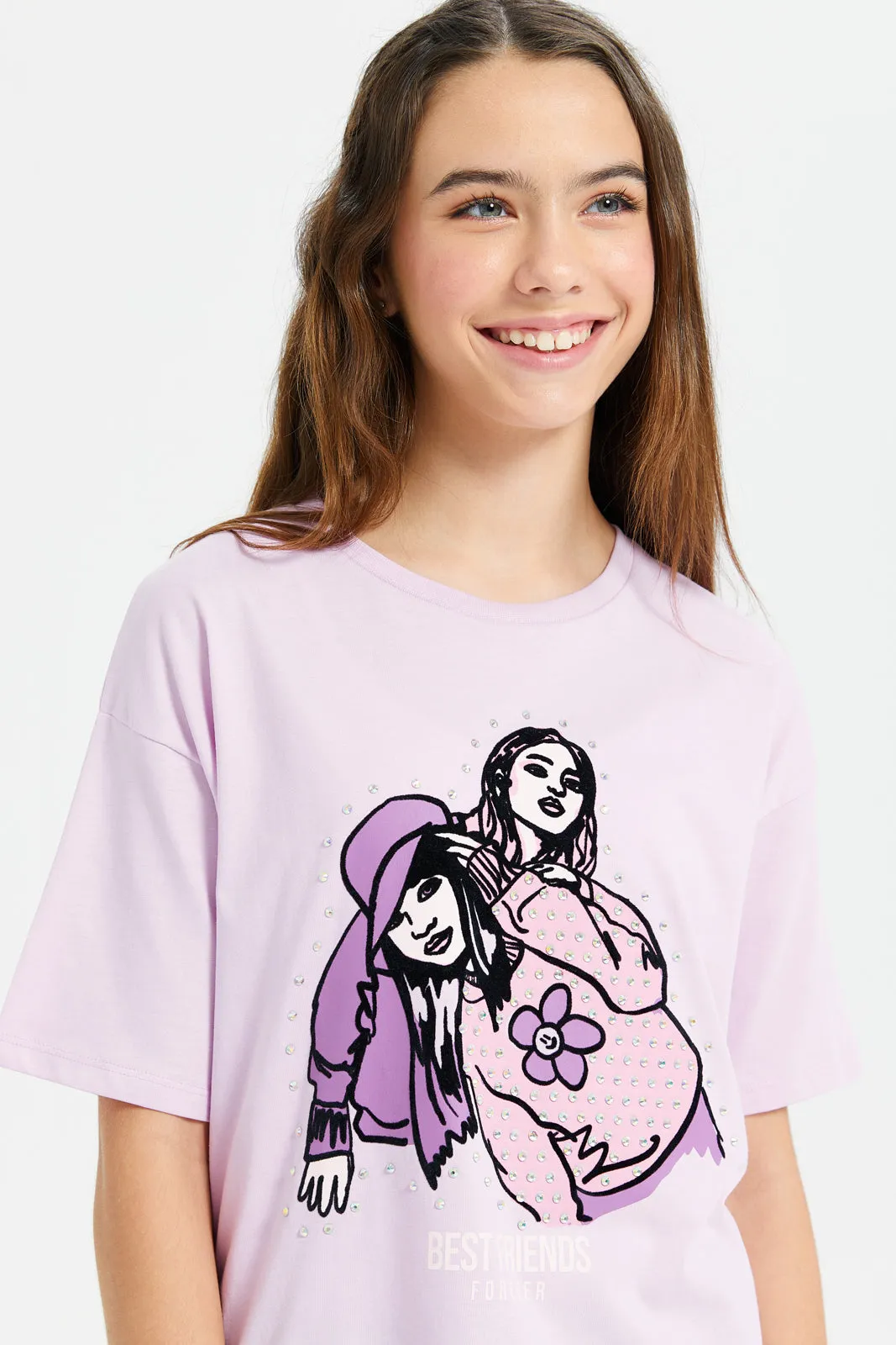 Senior Girls Purple Girly Print Oversize With Rhinestone T-Shirts