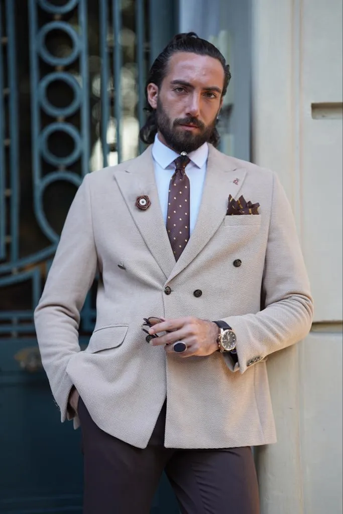 Thread Slim Fit Beige Double Breasted Blazer