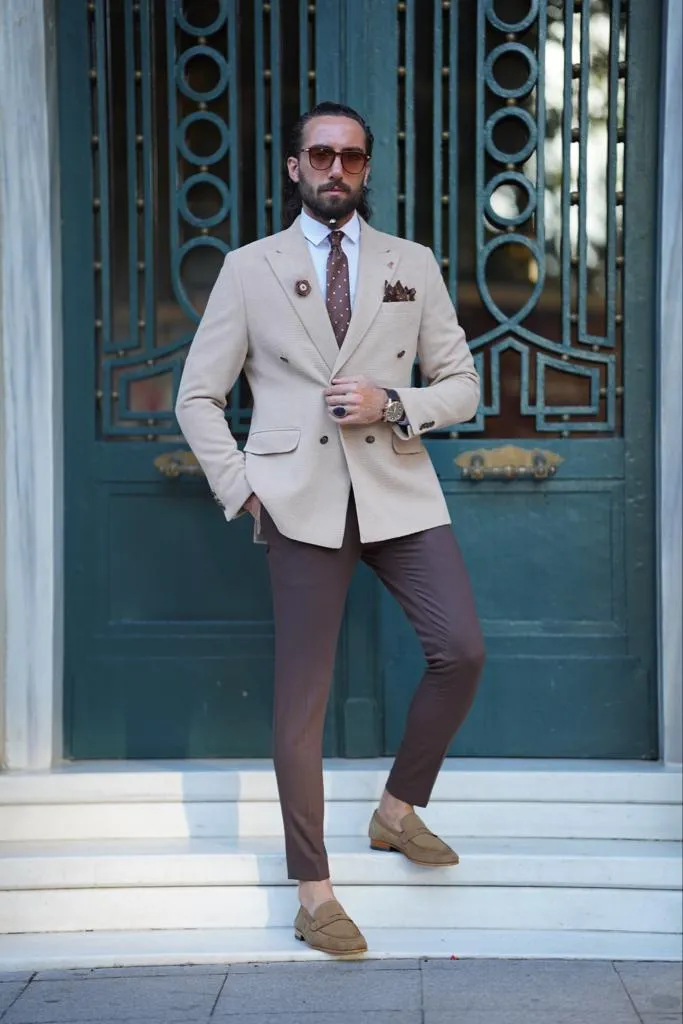 Thread Slim Fit Beige Double Breasted Blazer