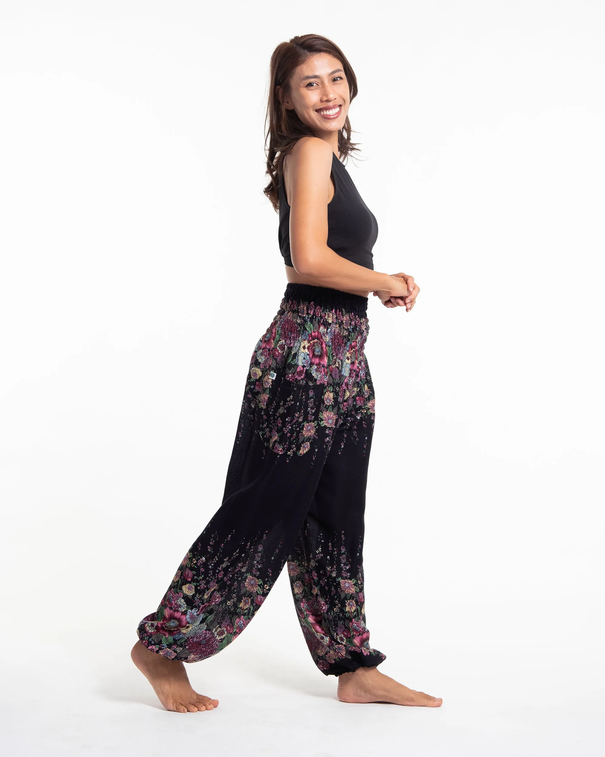 Unisex Floral Harem Pants in Black