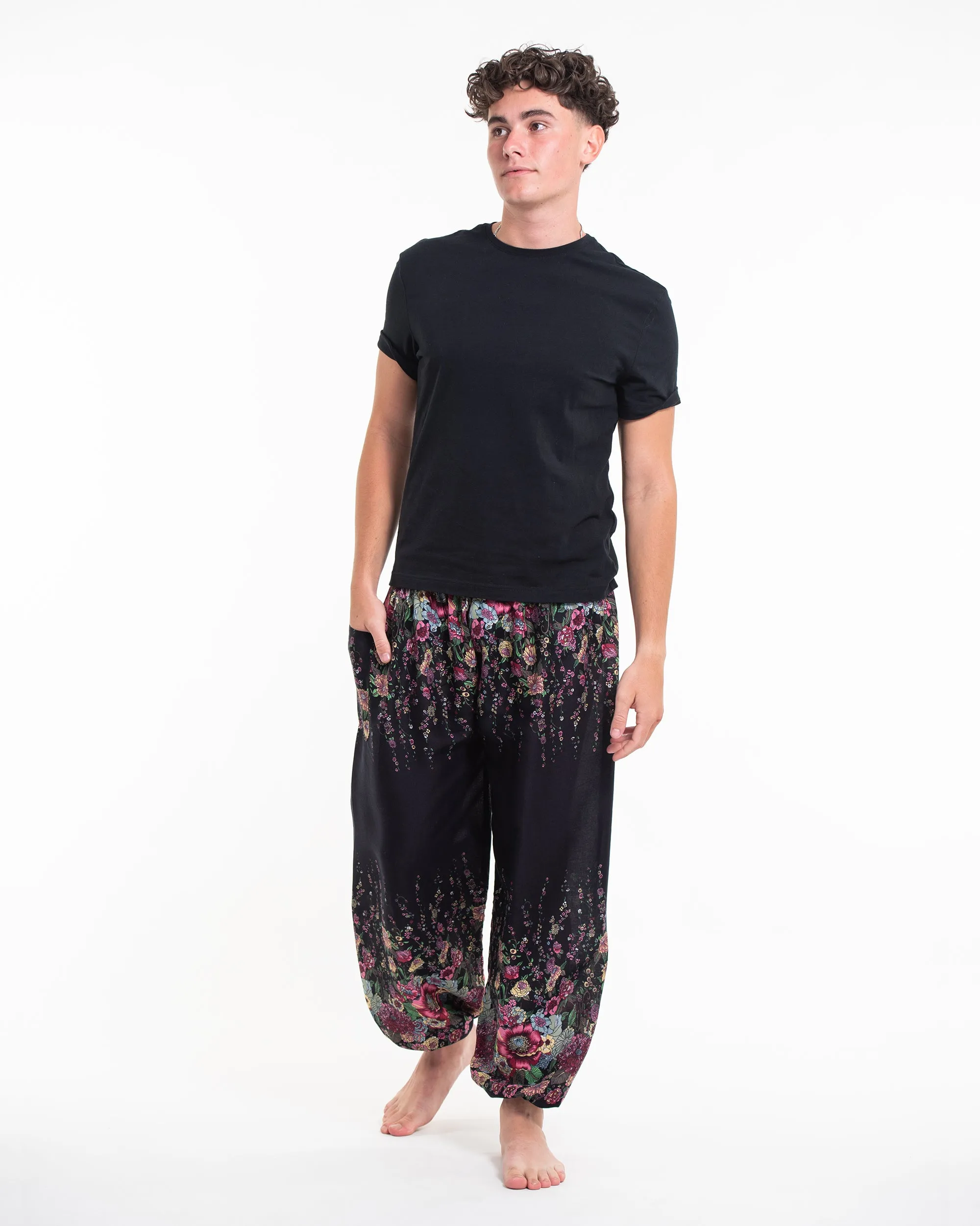 Unisex Floral Harem Pants in Black