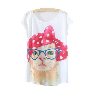 Watercolor Cute Cat with Eyeglass Printed Short Sleeve Tees