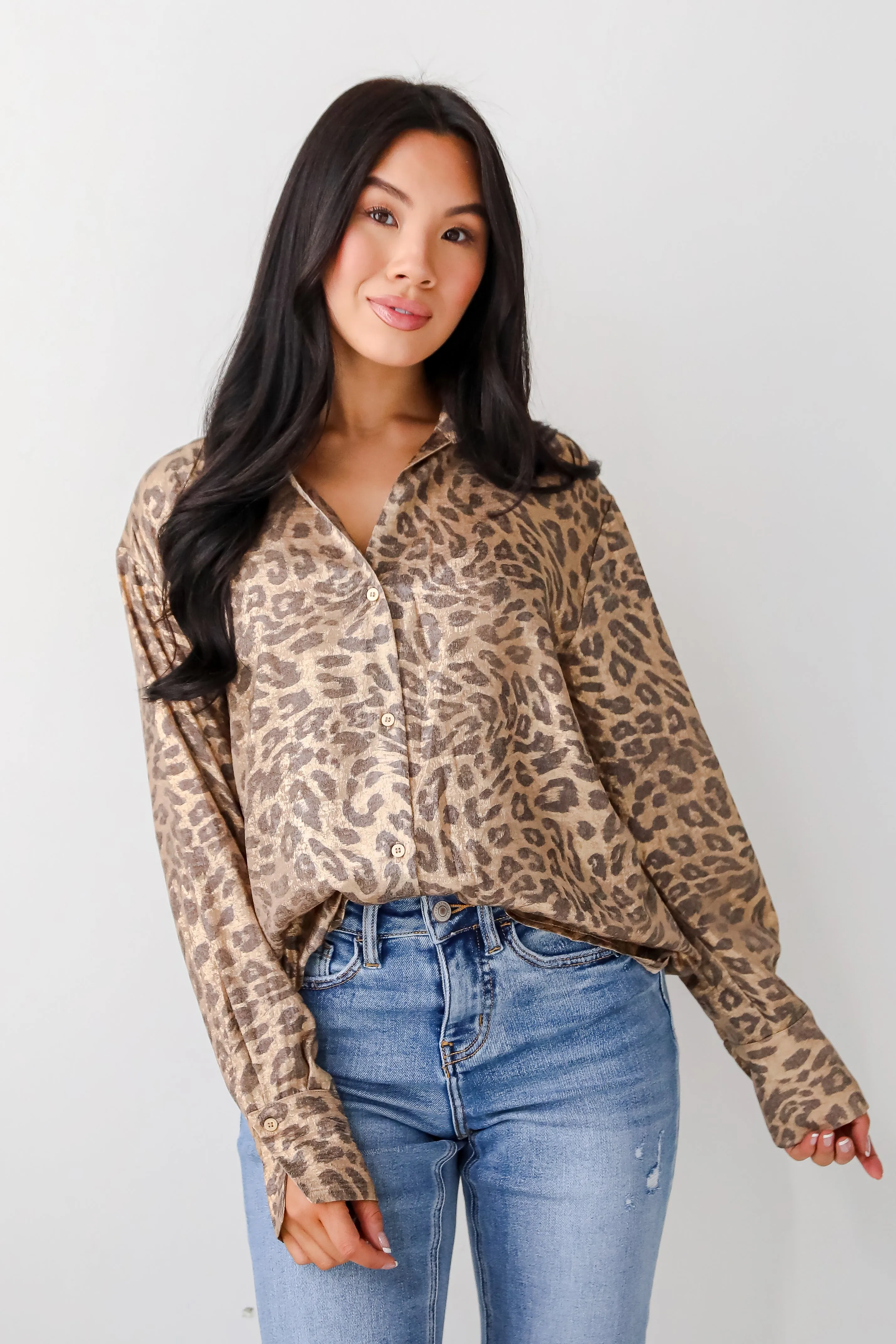 Wildly Poised Leopard Metallic Button-Up Blouse