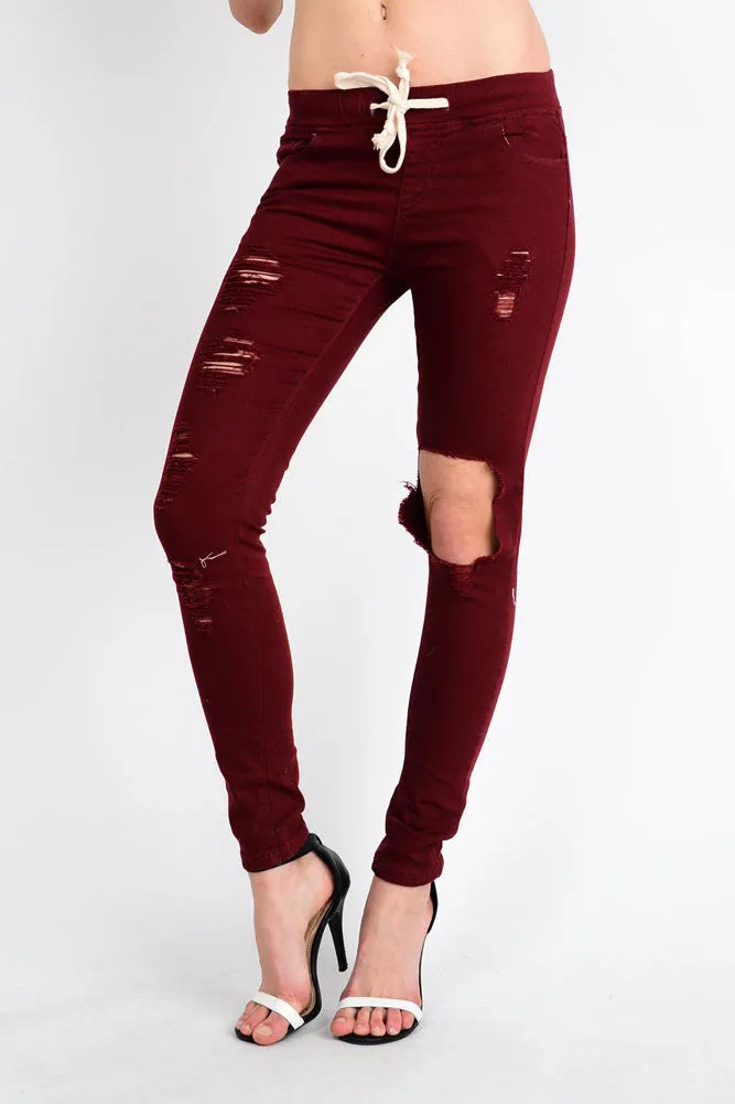 Women's Solid Torn Skinny Jogger Pants