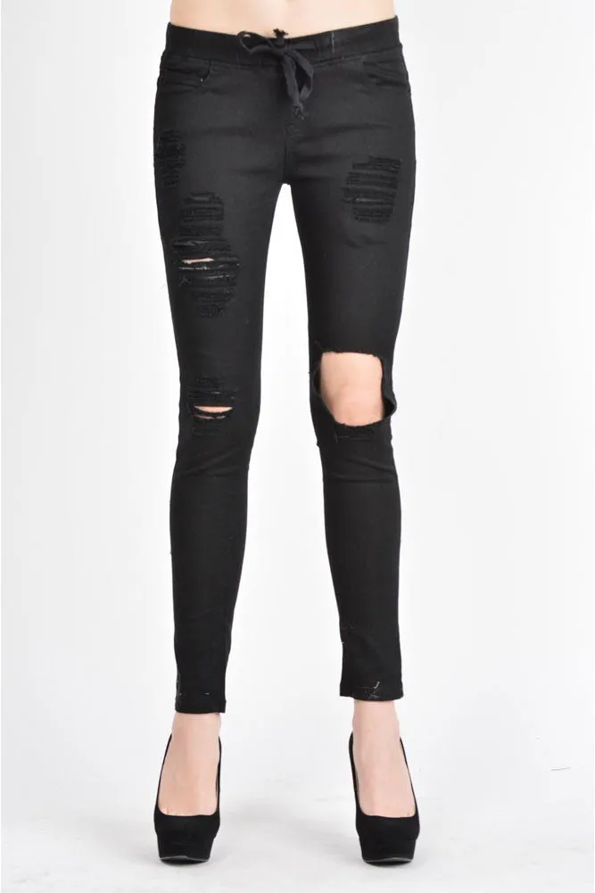 Women's Solid Torn Skinny Jogger Pants