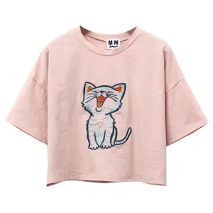 Yawning Cat Embroid Harajuku Style Crop Top Shirt