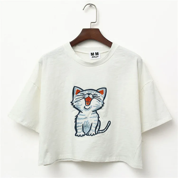 Yawning Cat Embroid Harajuku Style Crop Top Shirt